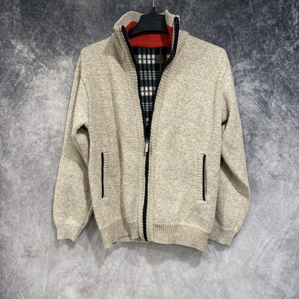 Men's Cashmere Wool Blend Full Zip Sweater Jacket Beige Plaid Lined Cardigan M